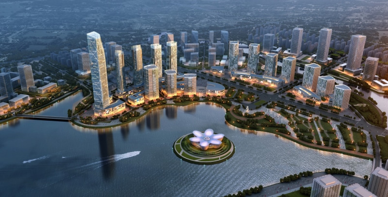 island, modern, architecture, boat, park, city, glass, aerial view, trees, reflection, urban, water, building, 5K, lake, bridge, cityscape, digital art
