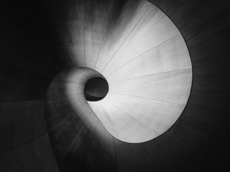 concrete, sunlight, light at the end of the tunnel, directly below, stair, monochrome, tunnel, light, nature, spiral, black and white, indoors, backgrounds