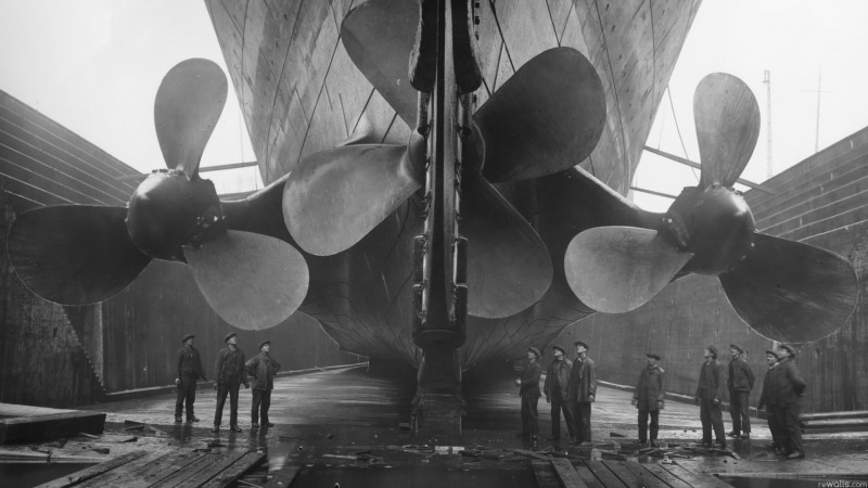 photography, vintage, monochrome, dock, workers, propeller, 1080P, Titanic, ship, Belfast
