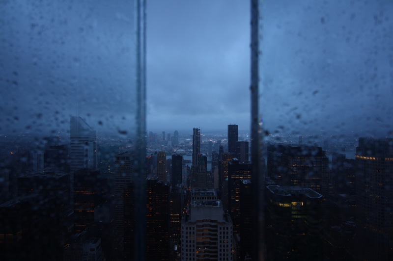 rain, 4K, aerial view, window, night city, skyscrapers