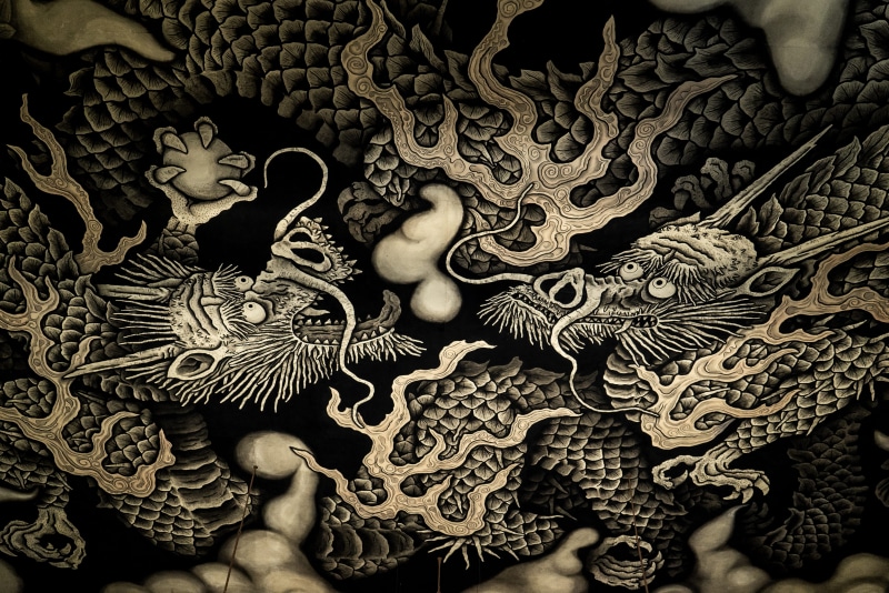 no people, high angle view, kyoto, rug, modern art, backgrounds, painting, ornate, 4K, reptile, animal, human representation, full frame, mural, dragons