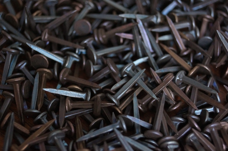 no people, still life, full frame, rusty, 4K, selective focus, steel, high angle view, pattern, indoors, industry, repetition, nail, textured, backgrounds