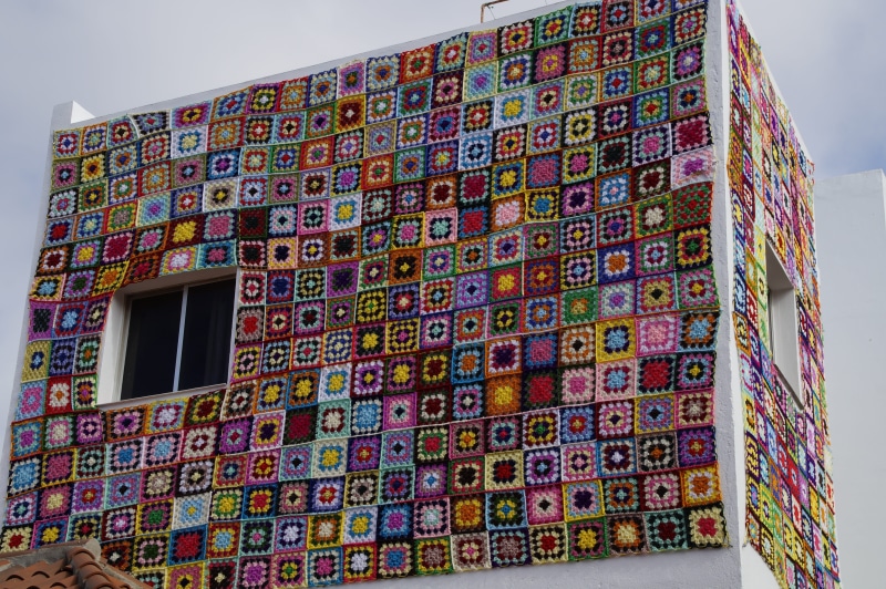 outdoors, multi colored, mural, creativity, nature, tapestry, Colorful, puerto de la cruz, homemade, Crochet, built structure, no people, skies, art and craft