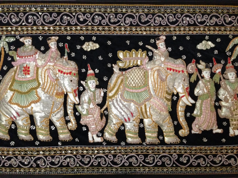 belief, sequined tapestry, religion, art and craft, no people, place of worship, representation, thailand, craft, asia, building, elephants, built structure