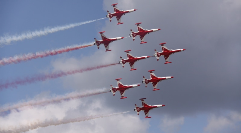 Turkish Stars, Turkish Armed Forces, outdoors, flying, no people, teamwork, cloud - sky, 4K, skill, aerospace industry, fighter plane, aircraft, airshow
