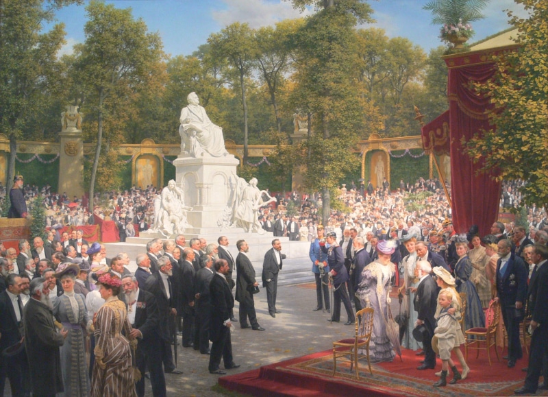 sculpture, group of people, Unveiling of the Richard-Wagner Monument in the Tiergarten, 1908, real people, 1908 (Year), Europe, built structure, leisure activity