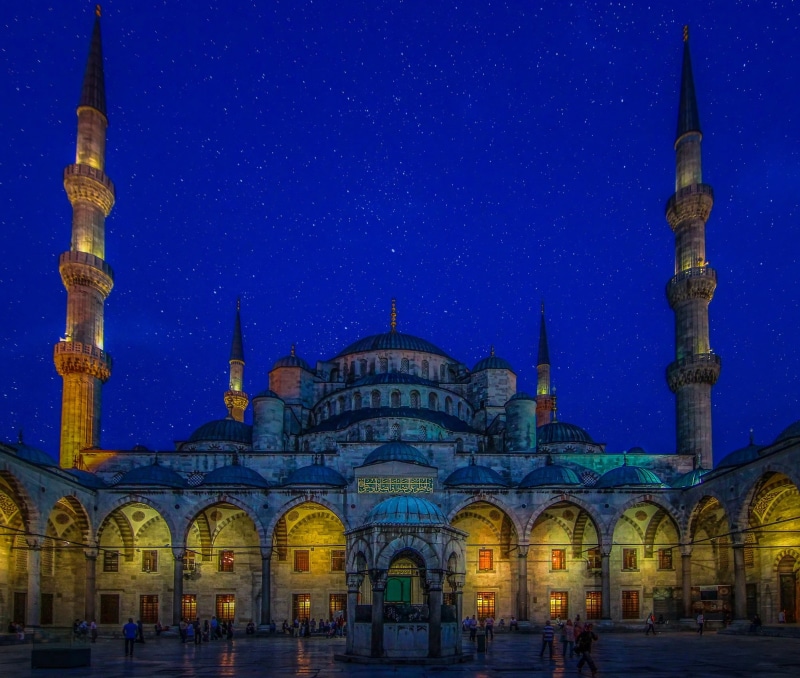 blue, architecture, travel destinations, illuminated, spire, place of worship, turkish mosque, religion, blue mosque, night, minaret, spirituality, turkey - Middle East