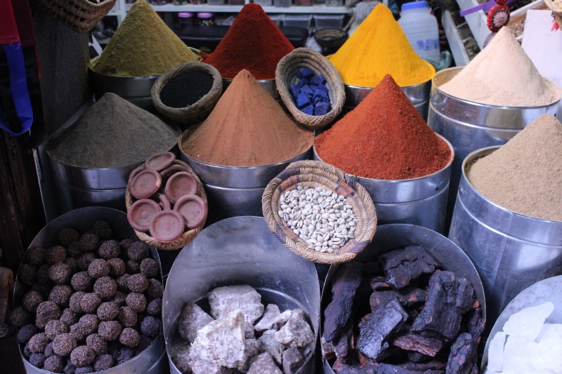 business, variety, cultures, food, spice, selling, grey, buckets, market Stall, Spices, metal, abundance, 5K, tourists, morocco, tourism, still life, asia