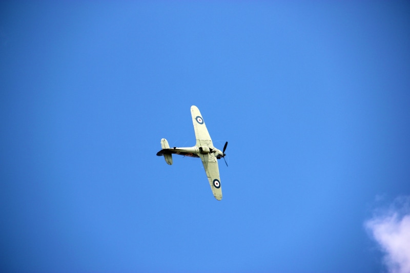 vintage, pilot, fighter plane, on the move, britain, army, ww2, aircraft, fighter, flying, mid-air, wings, nature, raf, war, travel, no people, blue, propeller