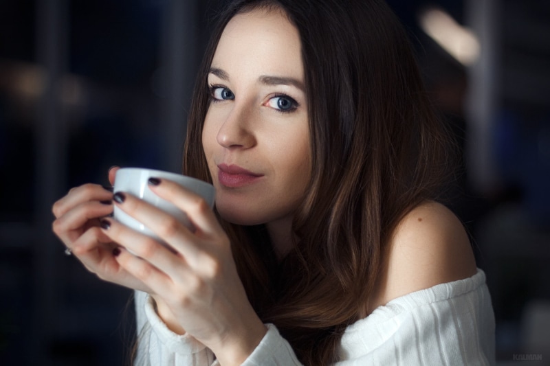 coffee, long hair, coffee - drink, food and drink, hairstyle, holding, coffee cup, 1080P, mug, adult, cup, white sweater, portrait, beautiful woman, one person