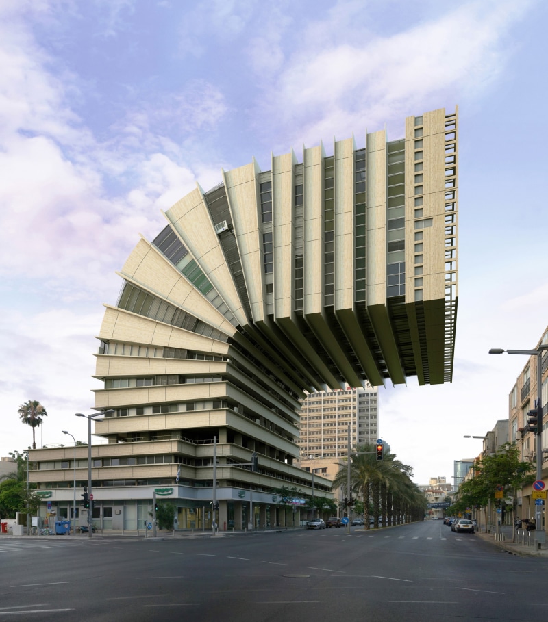 palm trees, building, road, portrait display, photo manipulation, surreal, street, Victor Enrich, architecture, 2K, digital art