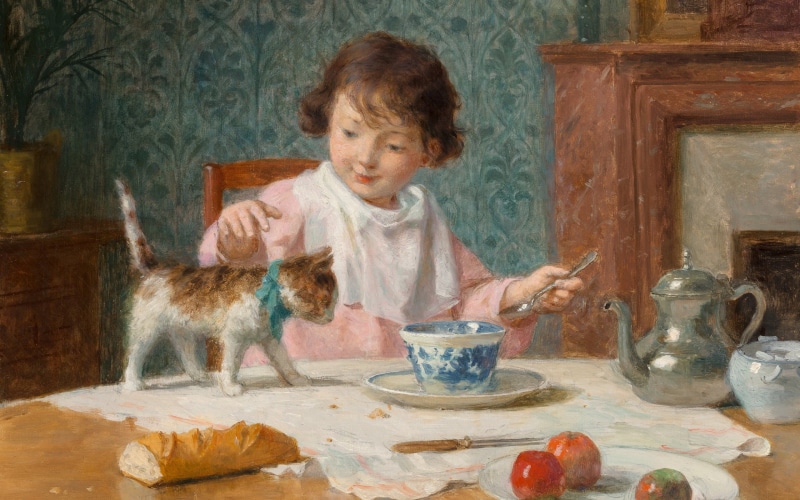 French painter, Victor Gabriel Gilbert, oil on canvas, 2K, Girl with the cat, Girl with a cat