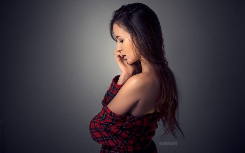 face, profile view, bare shoulders, long hair, contemplation, depression - sadness, waist up, young adult, adult, standing, 1080P, hair, beauty, indoors