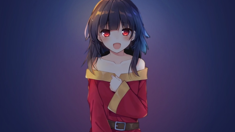 indoors, childhood, blue background, Megumin (KonoSuba), sunglasses, superhero, one person, hairstyle, colored background, looking at camera, women, studio shot