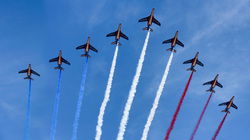 skill, nature, photography, outdoors, airshow, smoke - physical structure, blue, flying, white, vapor trail, plane, aircraft, symbol, day, bastille, teamwork