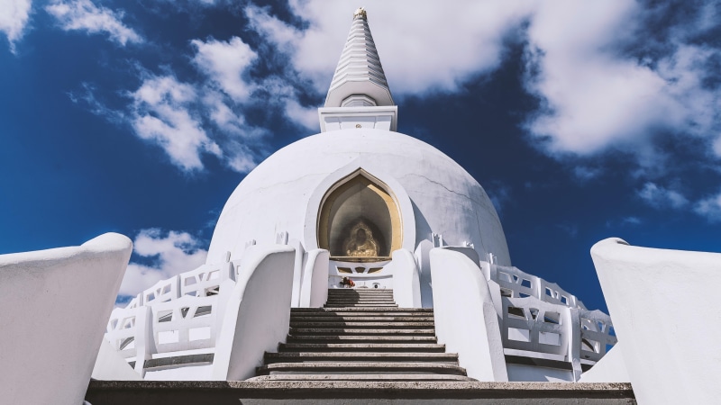 outdoors, buddhist, 5K, low angle view, cloud - sky, place of worship, building, concrete, pilgrimage, nature, white color, temple, belief, building exterior