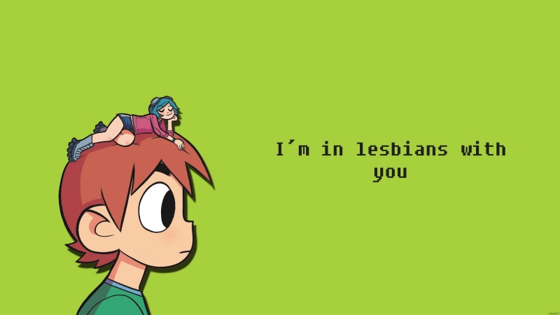Scott Pilgrim, real people, occupation, adult, text, green background, copy space, Scott Pilgrim vs. the World, activity, illustration, Ramona Flowers
