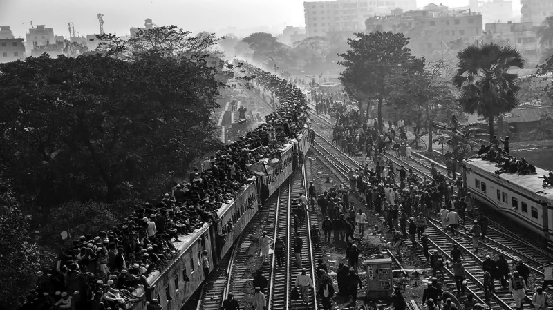 public transportation, 720P, built structure, monochrome, trees, Bangladesh, pilgrims, high angle view, train, white, railroad track, transportation, architecture