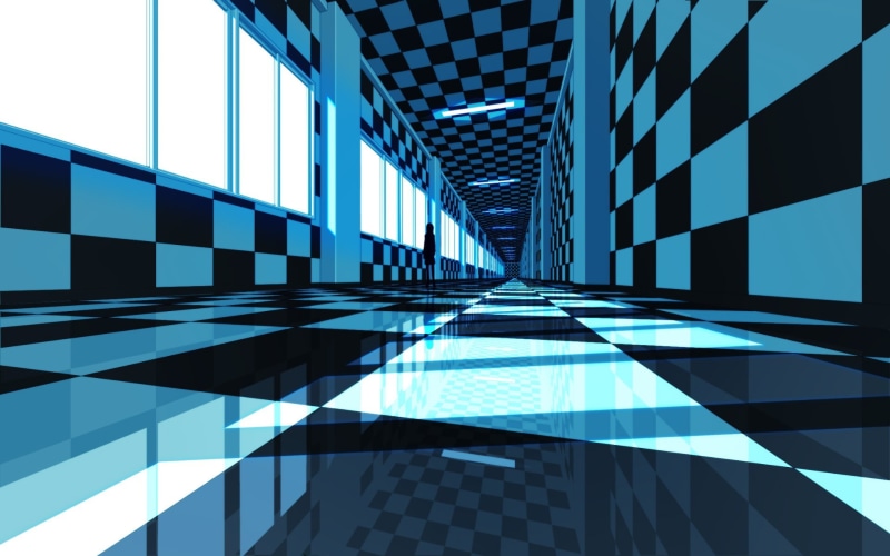 checkered, tunnel, Monogatari Series, CGI, hallway, Black Rock Shooter, building, reflection, blue, 1080P, anime, school