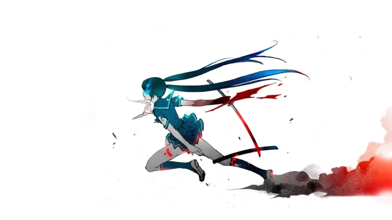simple background, 1080P, blue eyes, blue hair, anime girls, katana, Black Rock Shooter, blood, white background, anime, school uniform