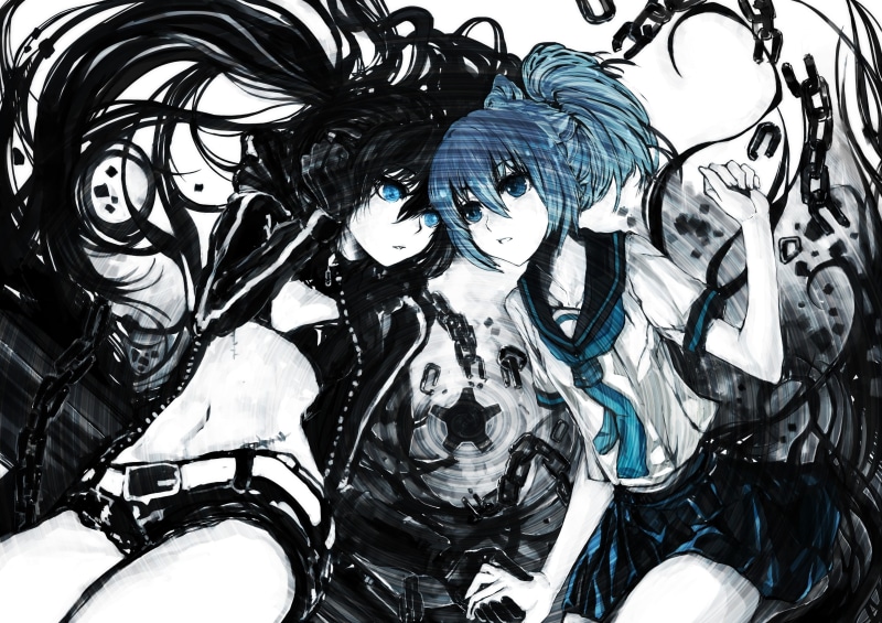b, blue, 2K, shooter, black, uniforms, school, long, hd, skirts, eyes, people, belts, rock, Gloves, short, destruction, hair, art, Black Rock Shooter