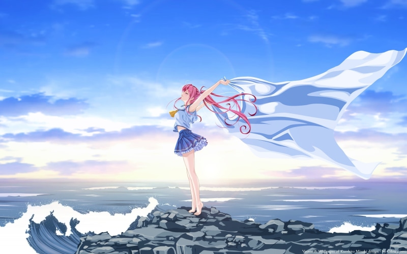 art, sky, hd, Video Games, games, schoolgirls, hair, clouds, rocks, water, barefoot, 2K, wind, uniforms, nature, video, waves, long, skirts, school, seas