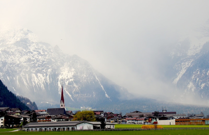 sky, white, snowinsummer, mountain range, monastery, austria, dense mist, 2K, schlitters, cold temperature, building, snowcapped mountain, beauty in nature