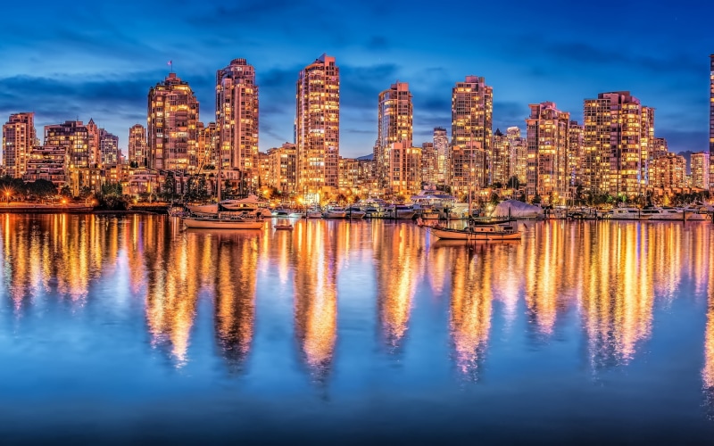 blue, sky, nature, reflection, Cityscapes, night, built structure, skyscraper, cityscape, outdoors, architecture, Vancouver, office building exterior, columbia