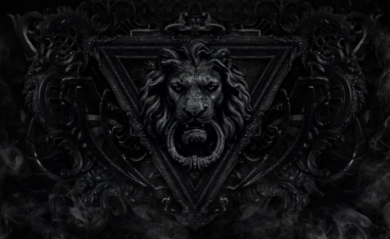 lion, Black and White, human representation, artwork, sculpture, dark, art and craft, design, looking at camera, 2K, representation, close-up, ornate