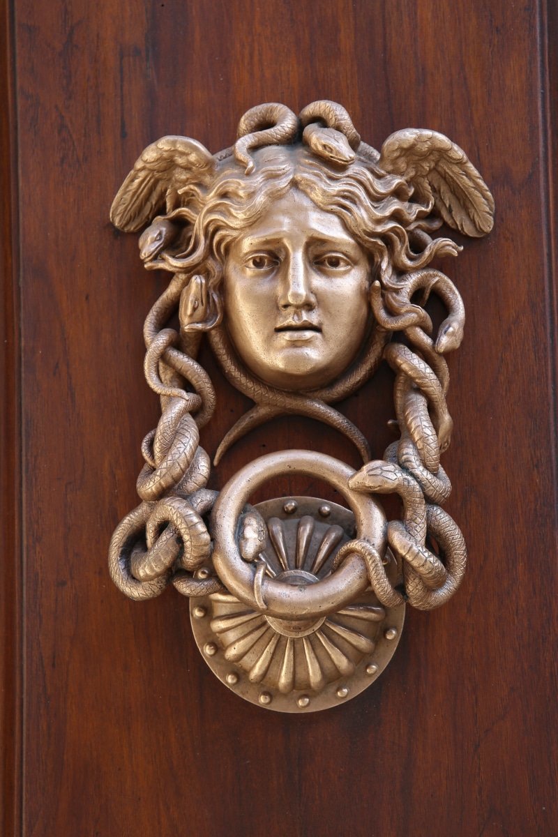 cat, representation, ornate, knocker, doorknob, the door, entrance, luxury, door, close-up, wood - material, italy, medusa, creativity, animal representation