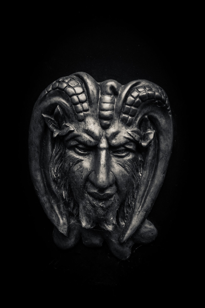 black background, symbol, horror, decor, carving, 5K, adult, monster, representation, craft, horned, steel, Devil, one man only, animal wildlife, horns
