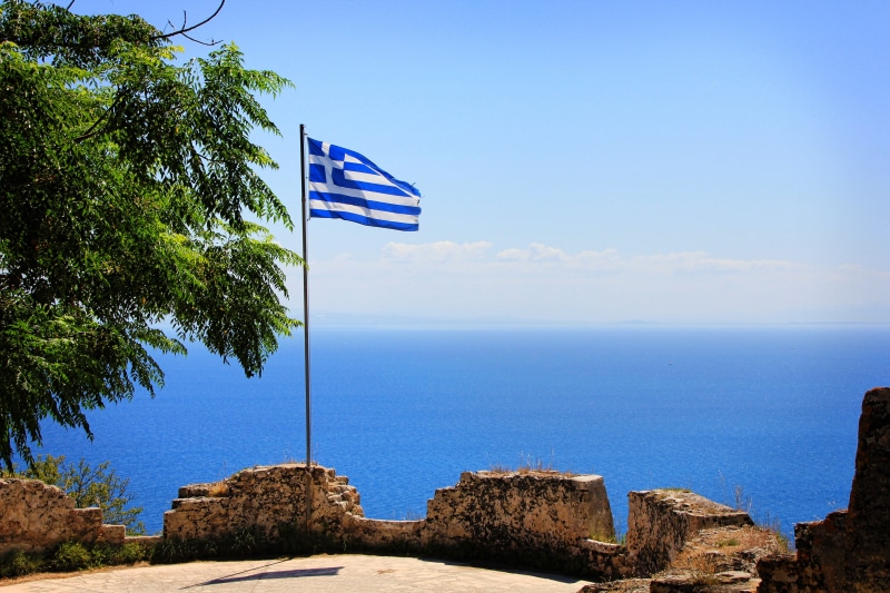 day, national colours, blue, greek, nature, Flag, Fortress, castle, Greece, symbolism, striped, no people, tranquil scene, beauty in nature, patriotism