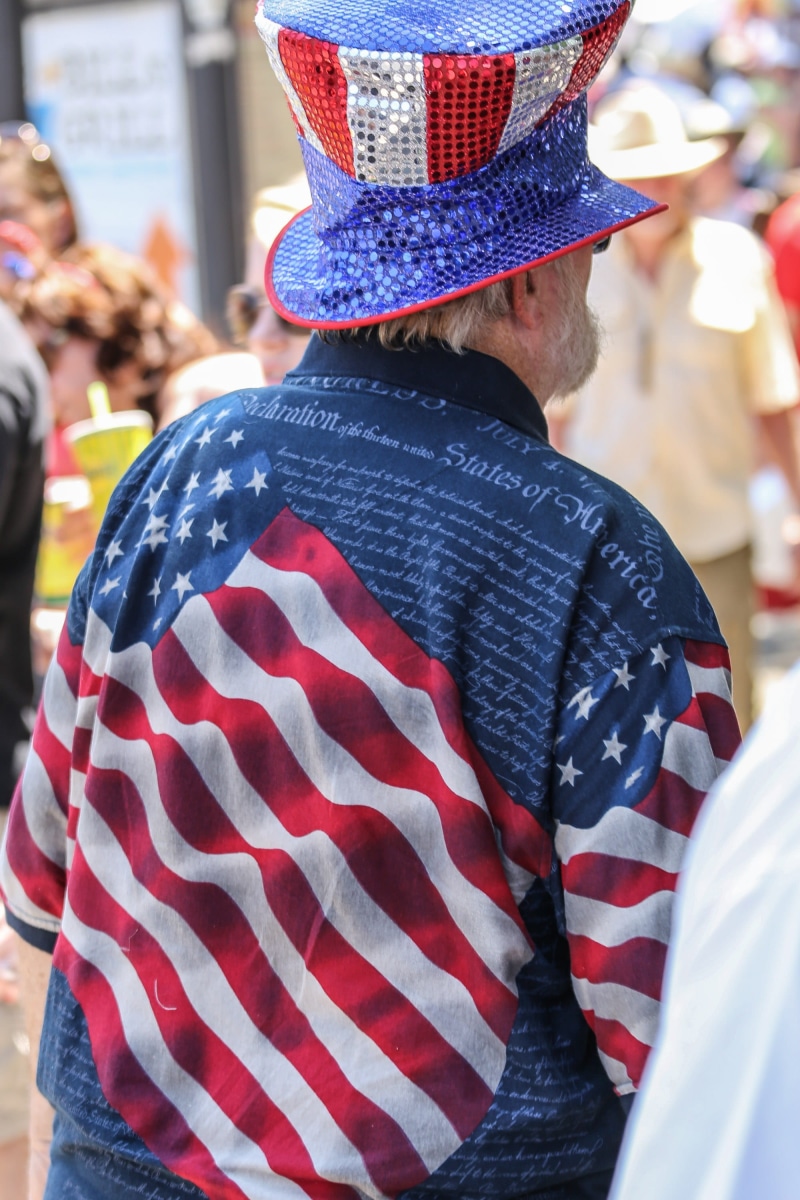 man, amerian, stripes, american flag, two people, celebration, american, wearing, stars, men, outdoors, shirts, incidental people, hat, casual clothing