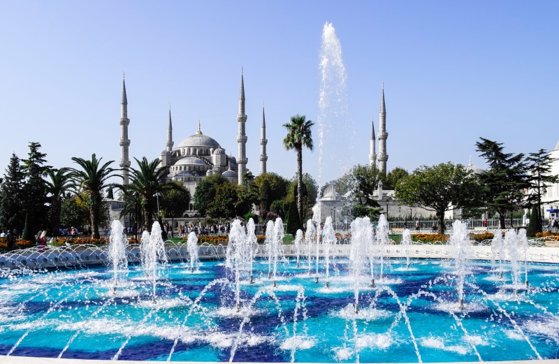 pond, tower, mosque, turquoise colored, hagia, blue, fountain, built structure, building exterior, pool, near, travel, nature, spraying, luxury, day, building