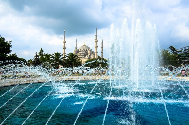 sultan ahmed, 1080P, spire, built structure, City, water, istanbul, splashing, building, building exterior, nature, swimming pool, no people, cloud - sky