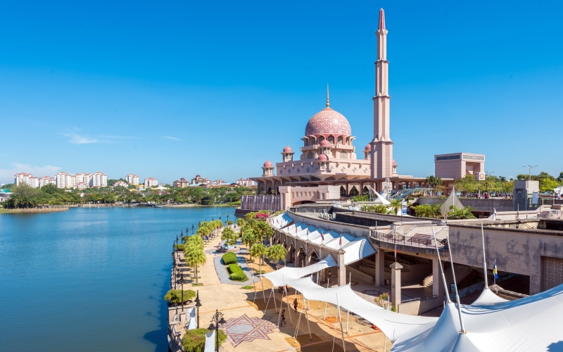 blue, malaysia, tourism, building, architecture, building exterior, nature, sky, travel, mosque, spirituality, 2K, built structure, putrajaya, sunlight