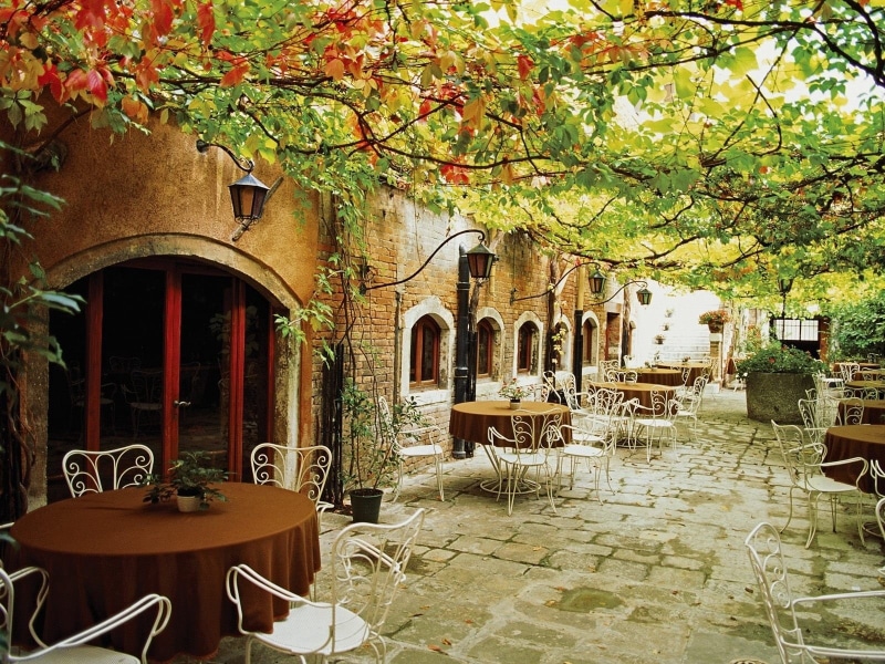 restaurant, facade, cityscape, italy, plant, brown, tables, day, summer, dining, coffee tables, outdoors, autumn, wood - Material, house, no People, business