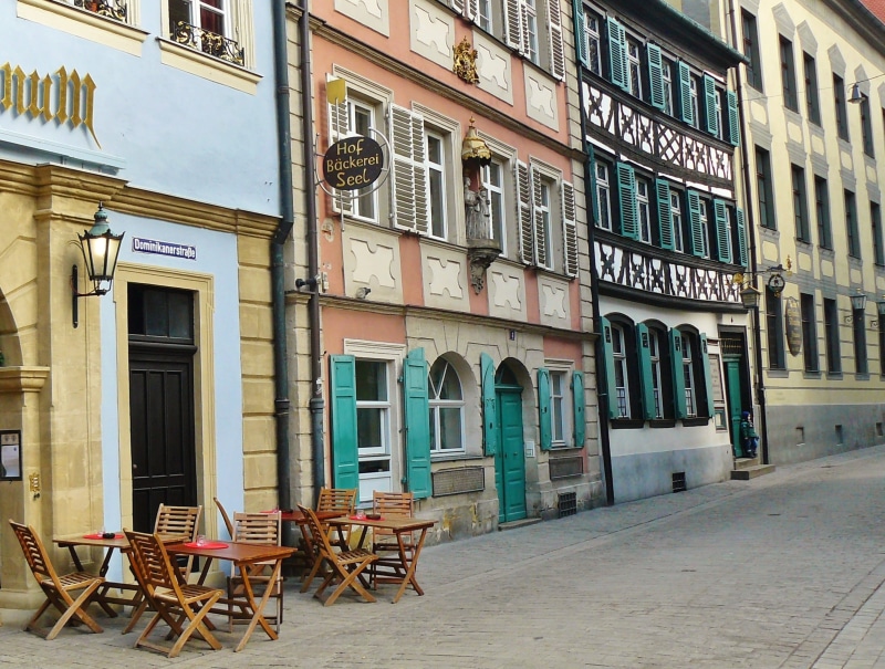 medieval, building exterior, Old Town, Bamberg, seat, swiss francs, city, restaurant, row of houses, street, the past, bavaria, fachwerkhaus, no people