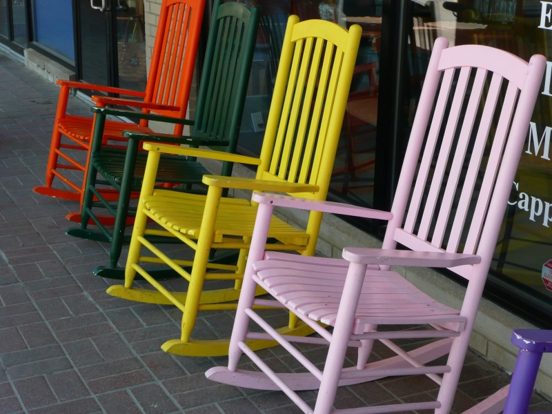 Colorful, design, Rocking, cafe, sidewalk cafe, setting, assorted, 2K, yellow, display, no people, wood - material, in a row, architecture, Wooden, chair