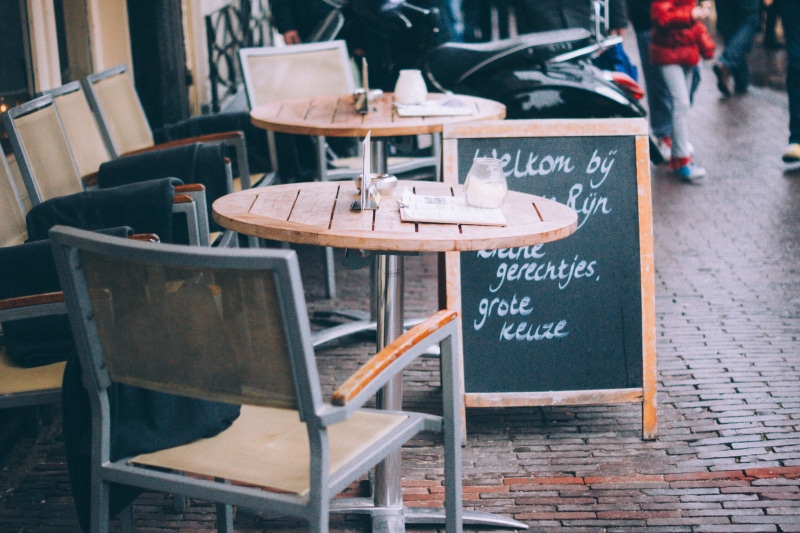 business, information sign, menu, glass, text, netherlands, table, restaurant, urban, food and drink, coffee shop, 4K, wood - material, sidewalk cafe