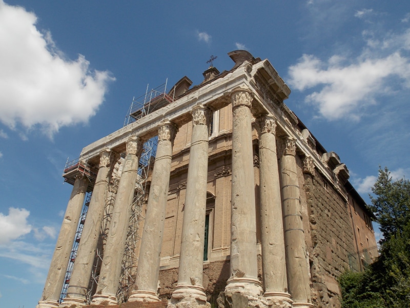 day, place of worship, ruins, city, outdoors, italy, architectural column, monument, ancient civilization, landmark, low angle view, no people, nature