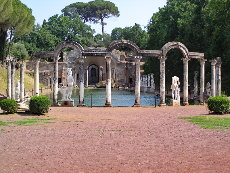 hadrians villa, archaeological site, pond, tree, sculpture, villa, incidental people, arch, plant, antiquity, building, architectural column, sky, building exterior
