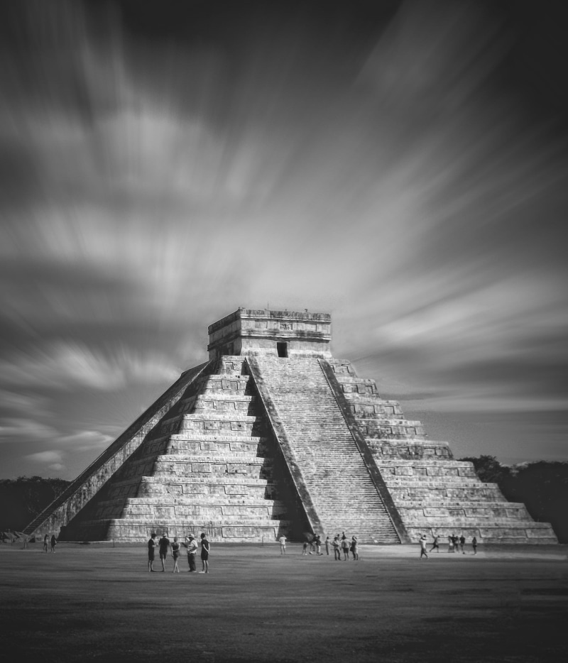 architecture, mexico, tourist, the past, history, travel destinations, archaeology, built structure, chichen itza, travel, b w, pyramid, ancient, cloud - sky