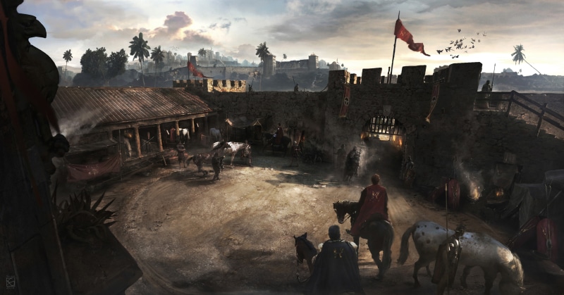 building, sky, Ancient Rome, real people, group of animals, group of people, nature, mammal, cloud - sky, outdoors, fort, 5K, fantasy art, livestock, horse
