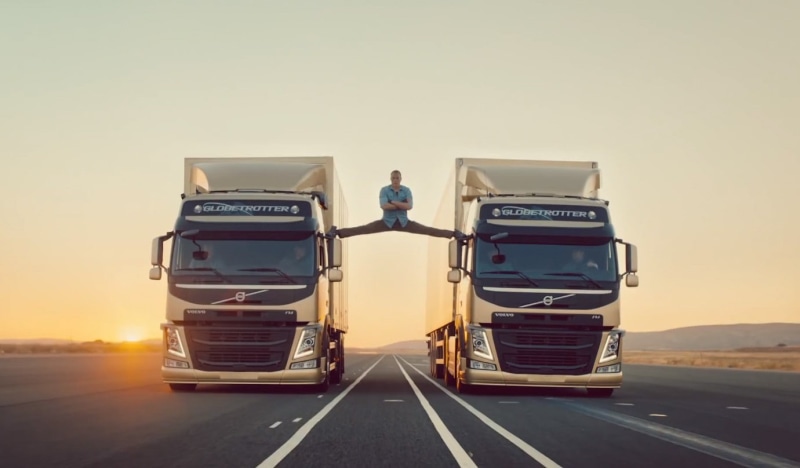 commercial, road, trucks, splits, hills, arms crossed, stretching, Sun, men, Jean-Claude Van Damme, Scania, actor, 720P, Volvo, arms on chest