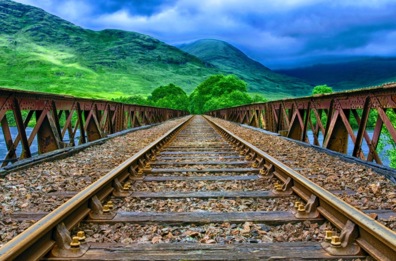 clouds, scenery, vanishing point, straight, sky, track, transportation system, steel, railroad, cloudy, nature, mountain, outdoors, the way forward, scenic