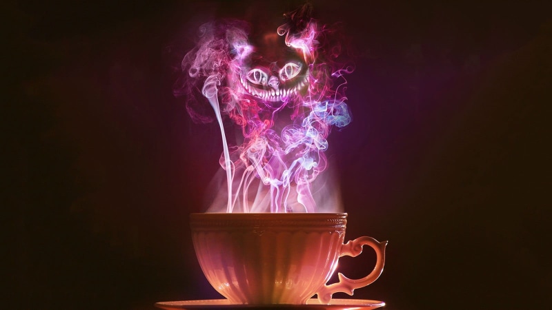 white, black background, studio shot, refreshment, Cheshire Cat, coffee cup, motion, mug, food and drink, multi colored, smoke, coffee - drink, copy space