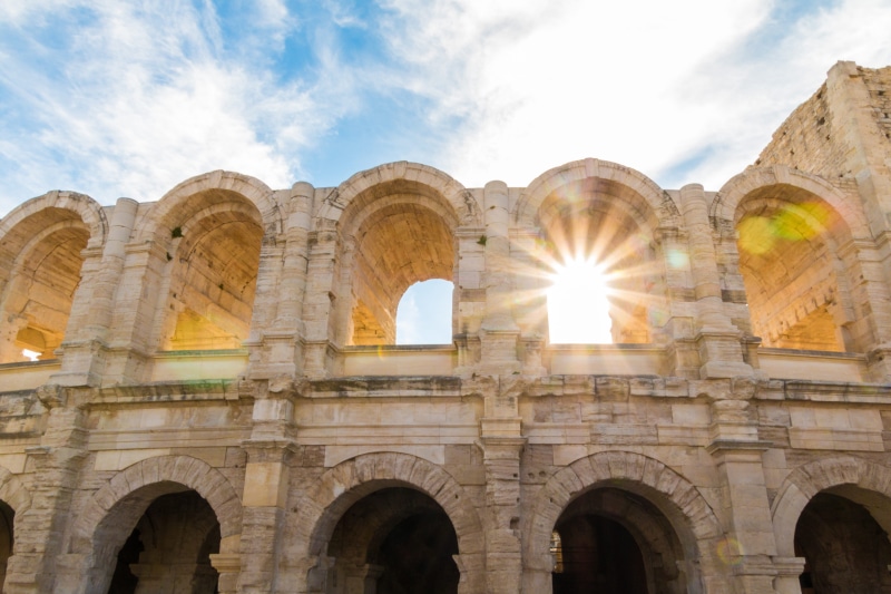 amphitheater, arles, places of interest, ruined, ancient, old ruin, no people, ancient civilization, evening light, sunset, sunlight, travel, nature, ancient history