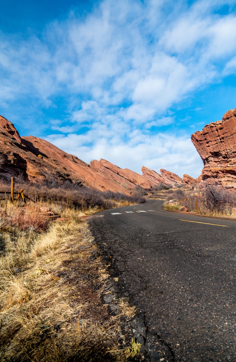 outdoors, red rock ampitheater, formation, no people, road, day, mountain, nature, remote, rock formation, geology, solid, united states, colorado, sky