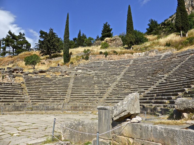 amphitheater, day, ancient history, stadium, delphi, 4K, ruined, stone material, antique, staircase, ruins, no people, the past, ancient, built structure